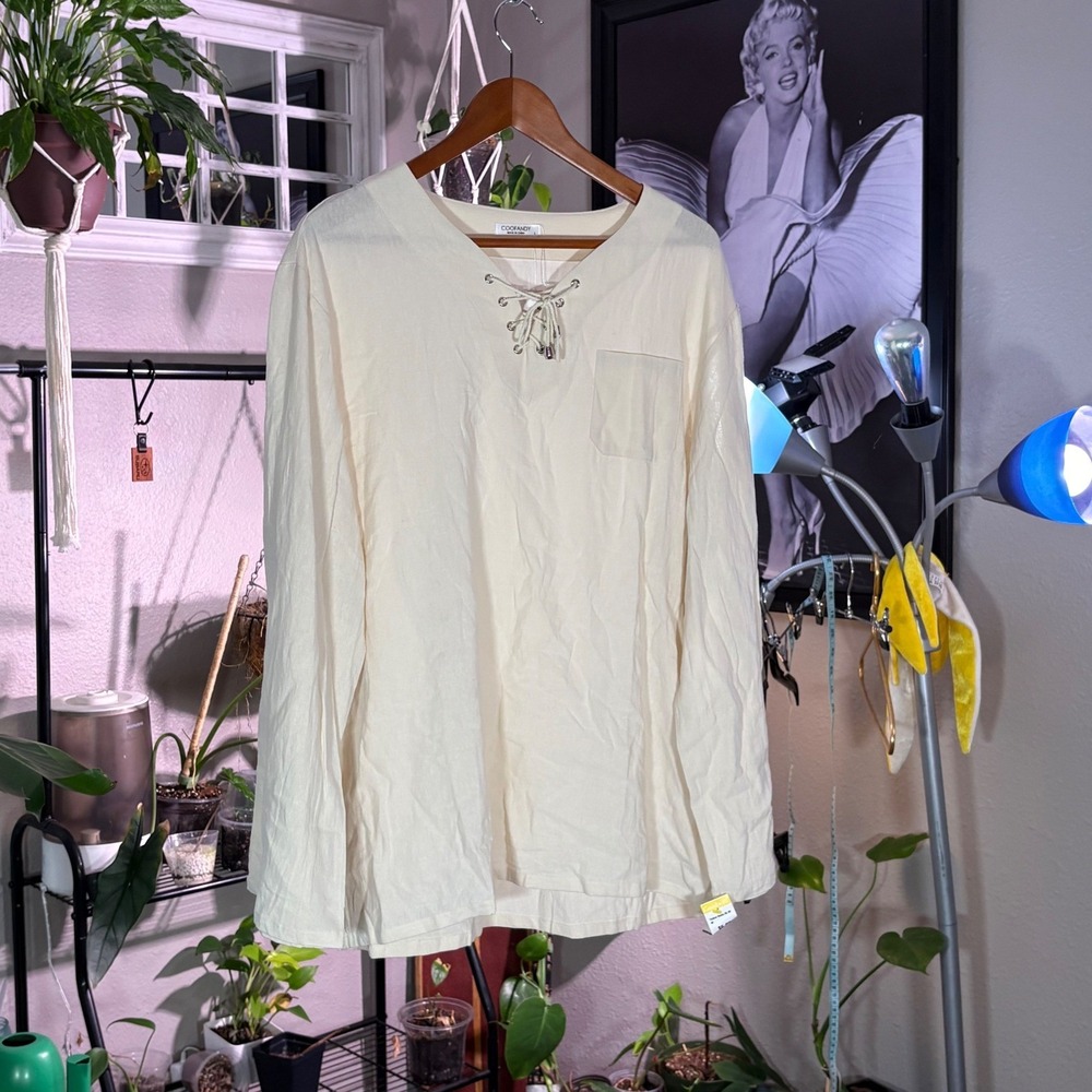 COOFANDY Cream Lace-Up Nightgown L Long Sleeve Lightweight‎ Sleepwear